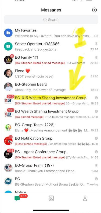 BonChat messaging app showing BG Wealth groups